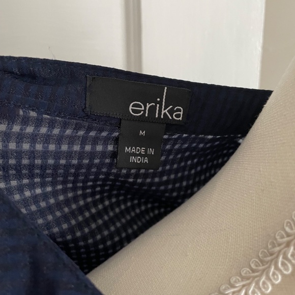 Navy blue mini check covered button blouse mandarin collar - Picture 5 of 12